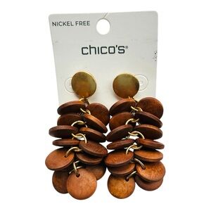NEW NWT Chico's Gold Wooden Disc Earrings Boho Dangle Earrings